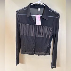 Women's See Through Mesh Fringe Button Down Long Sleeve Party Fitted Top Shirt